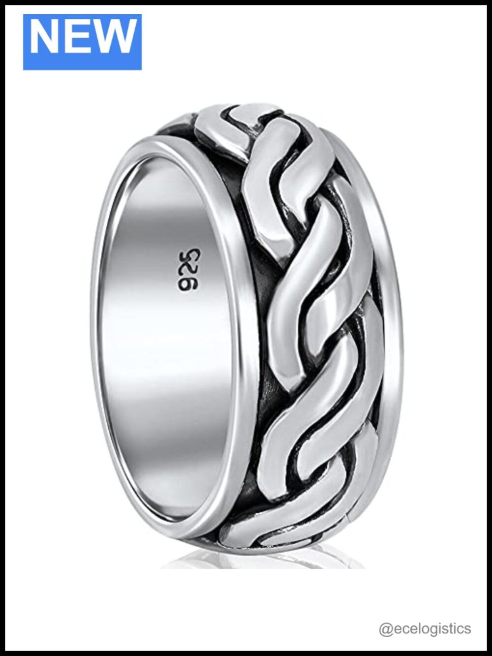 Solid 925 Sterling Silver Spinner Ring for Men Rope Mosaic 10mm